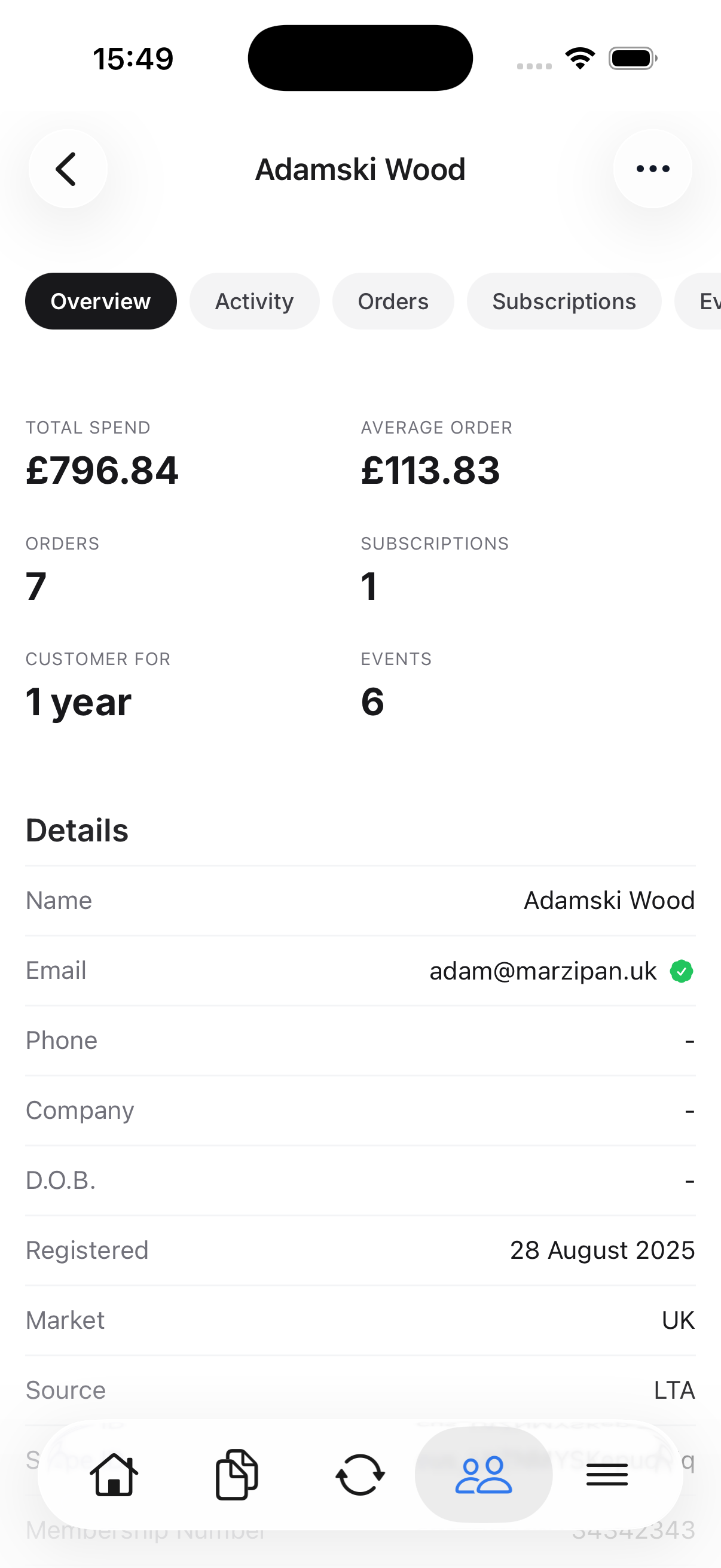 Screenshot of a customer profile in the Marzipan app