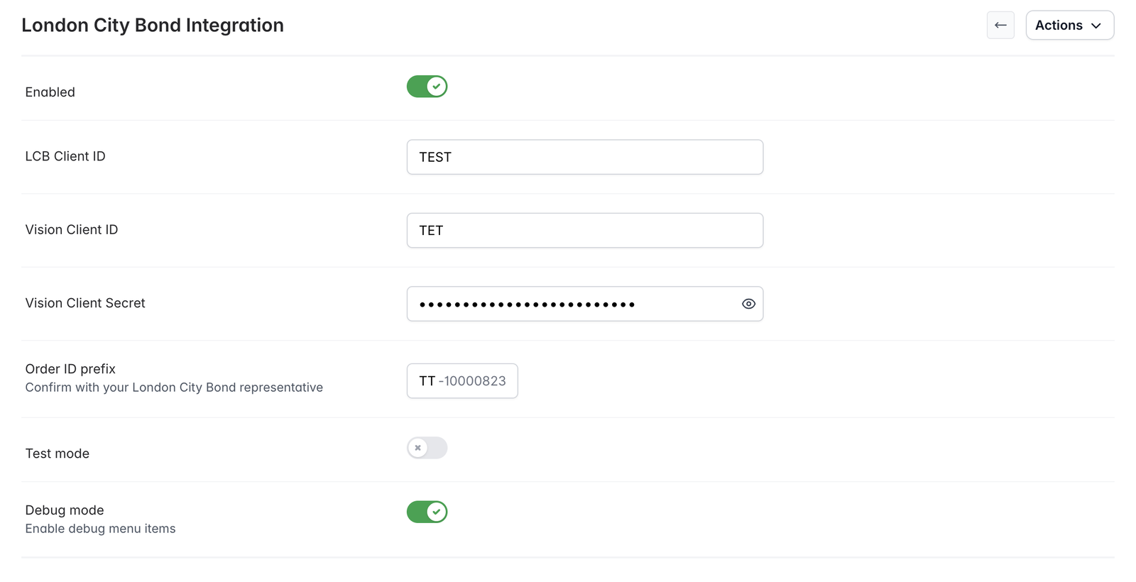LCB integration settings in the Marzipan dashboard