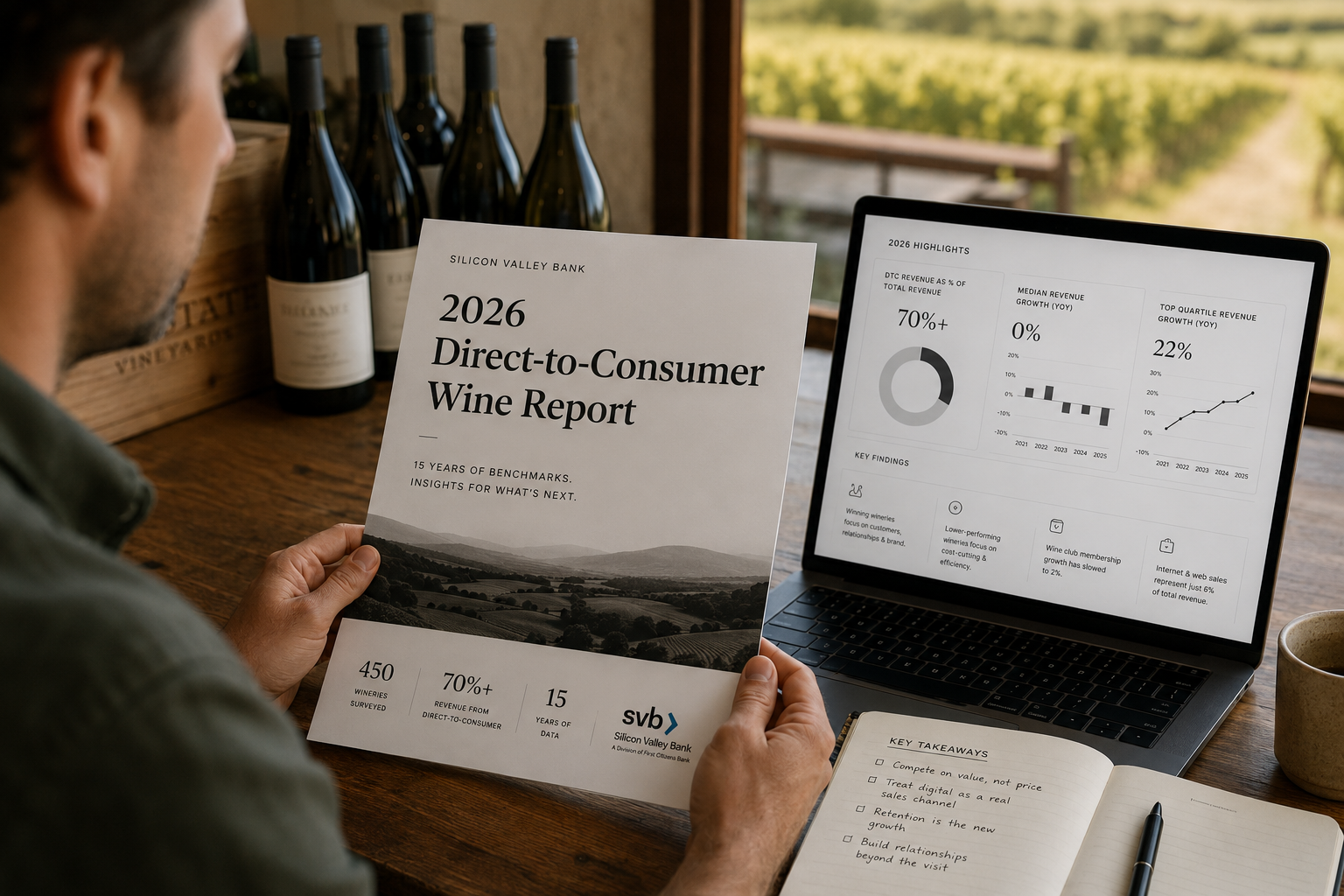 A winery owner reading a direct-to-consumer wine report at a cellar door desk, with a laptop showing sales charts beside rows of bottles