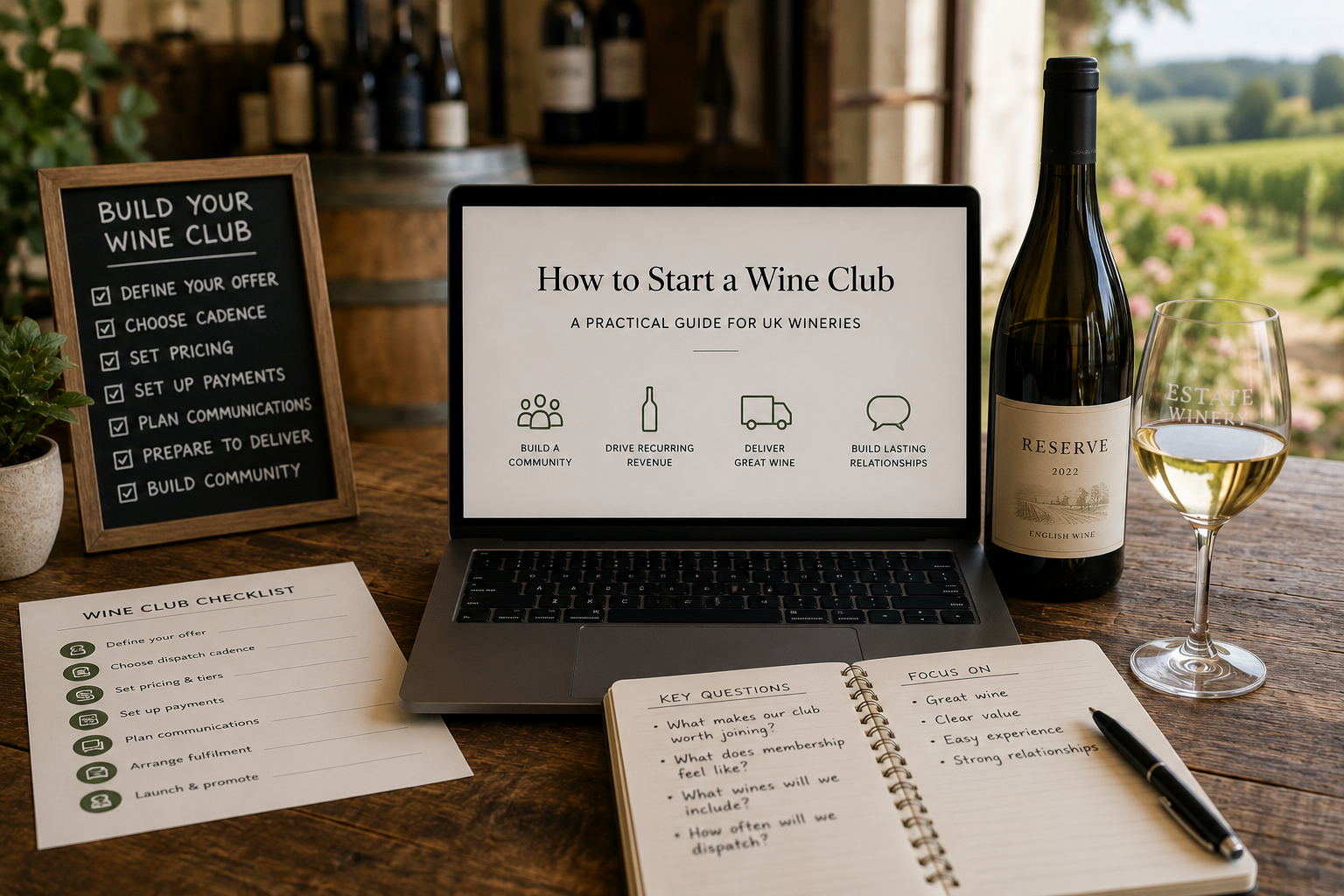 A winery team packing wine club boxes at the cellar door, bottles and printed dispatch notes laid out on a bench ready to ship