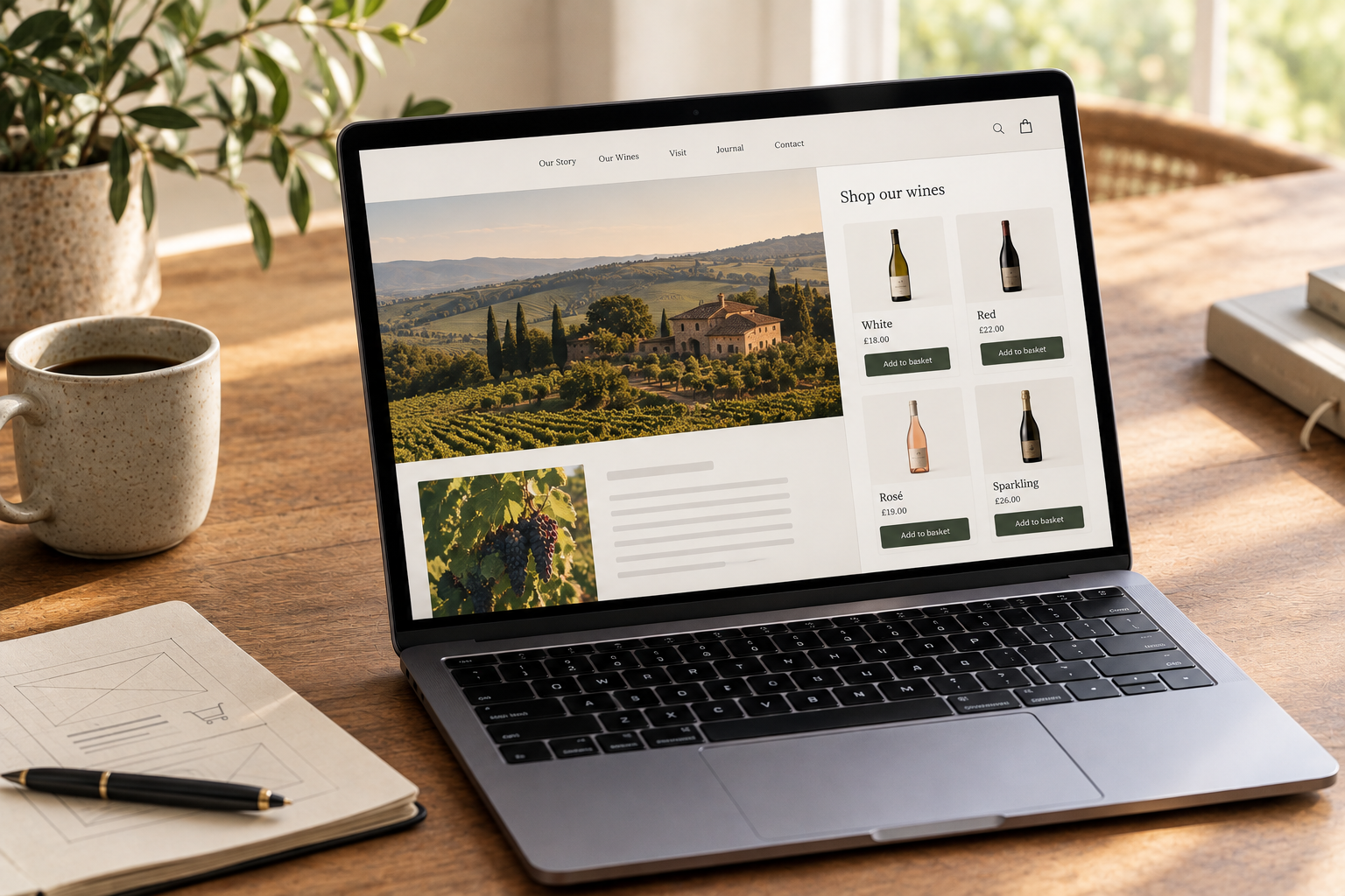 A winery website on a laptop screen with a row of wines, each with an add to cart button, and a cart icon in the corner of the page