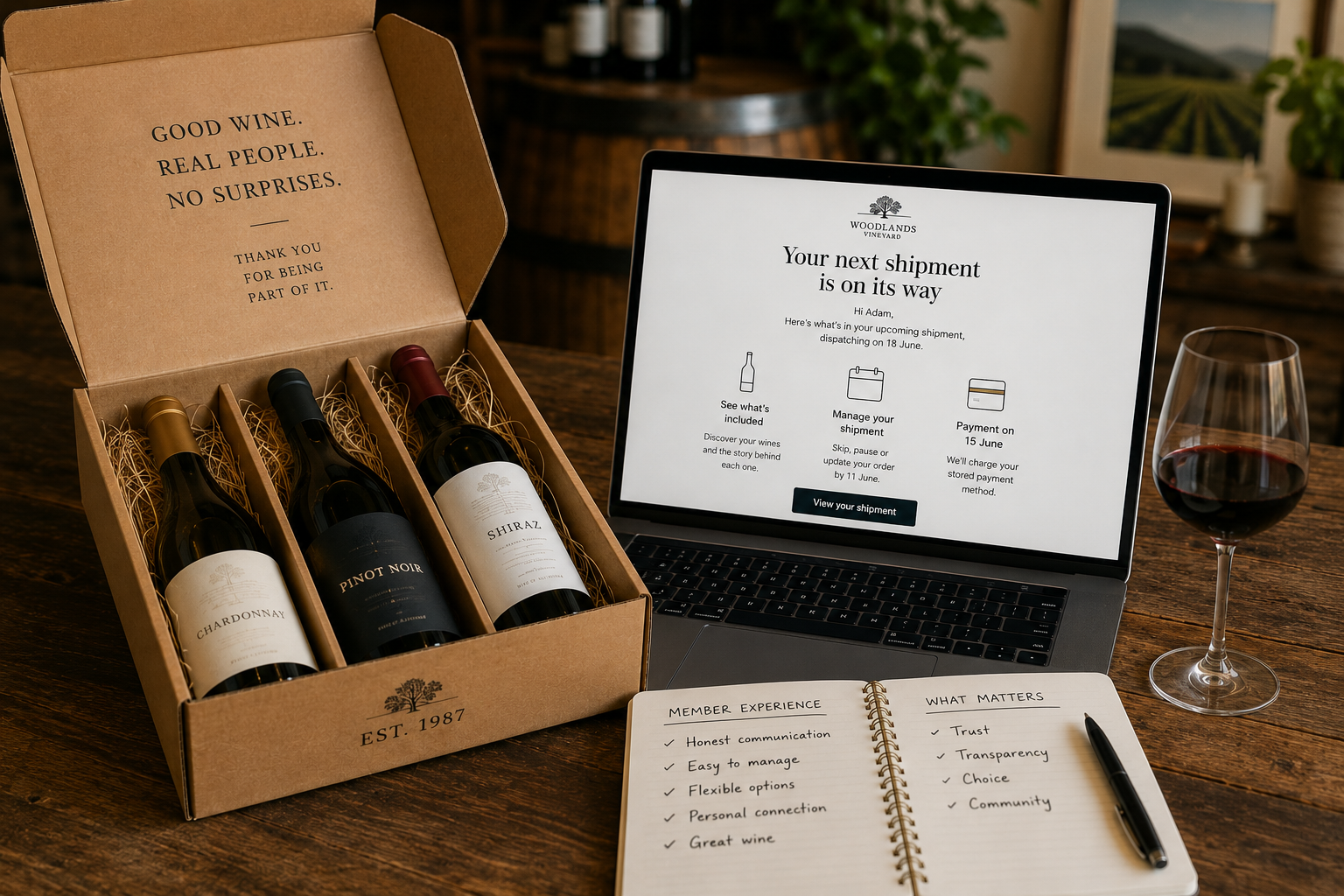 An open wine club box with three bottles - Chardonnay, Pinot Noir and Shiraz - beside a laptop displaying a "your next shipment is on its way" member email