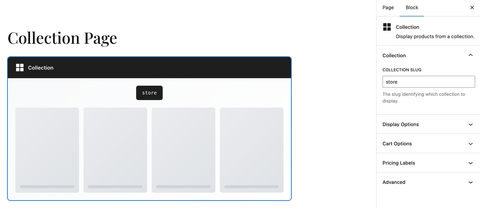 Screenshot of the Marzipan collection block in the WordPress editor