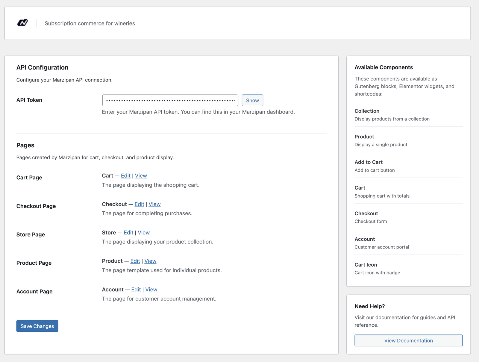 Screenshot of the Marzipan WordPress plugin settings