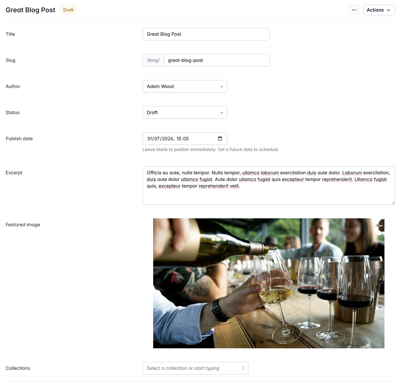 Screenshot of a blog post in the Marzipan CMS