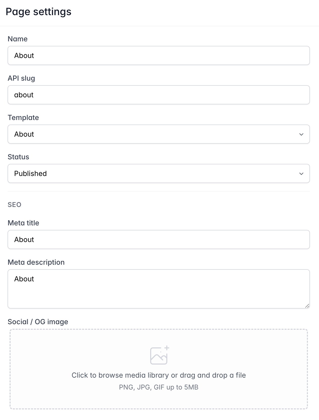Screenshot of page settings in the Marzipan CMS