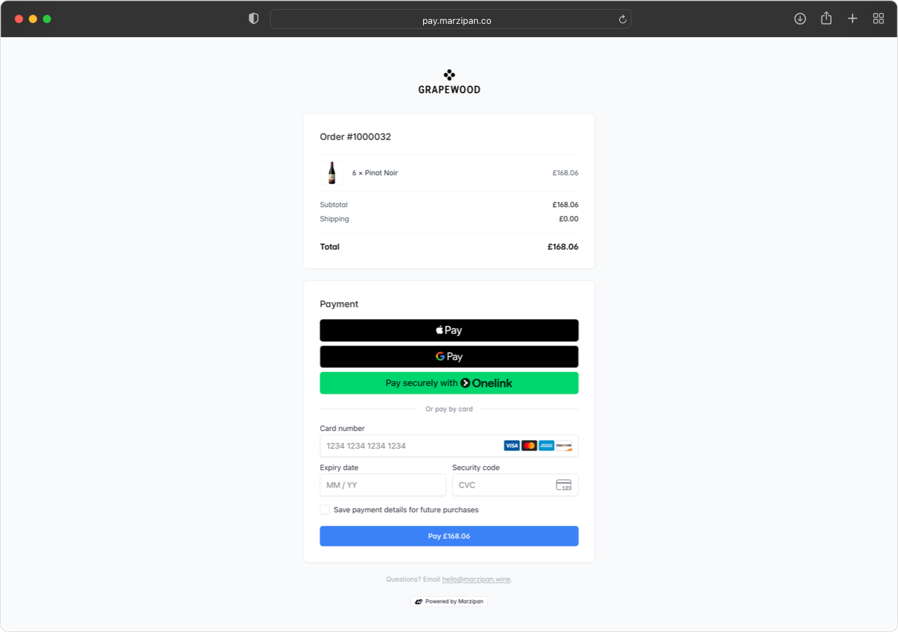 The page a customer sees when they open a Marzipan payment link