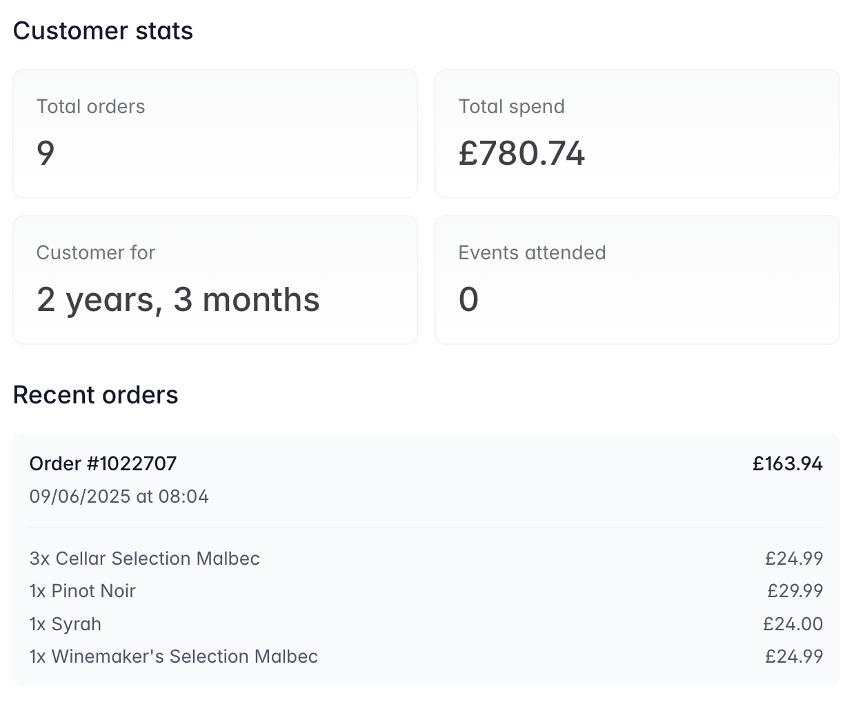 Screenshot of an attendee's booking history