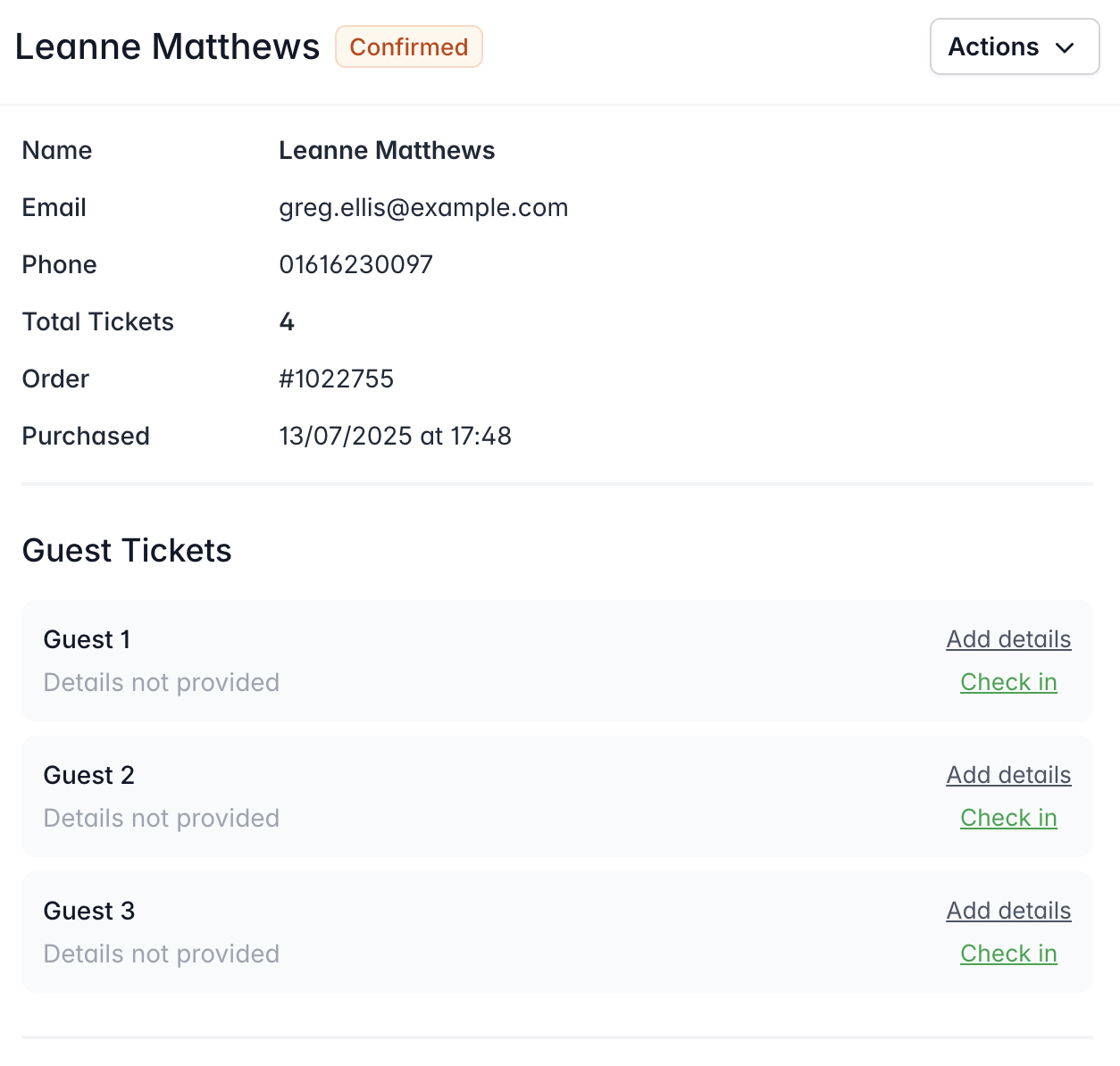 Screenshot of an attendee's details