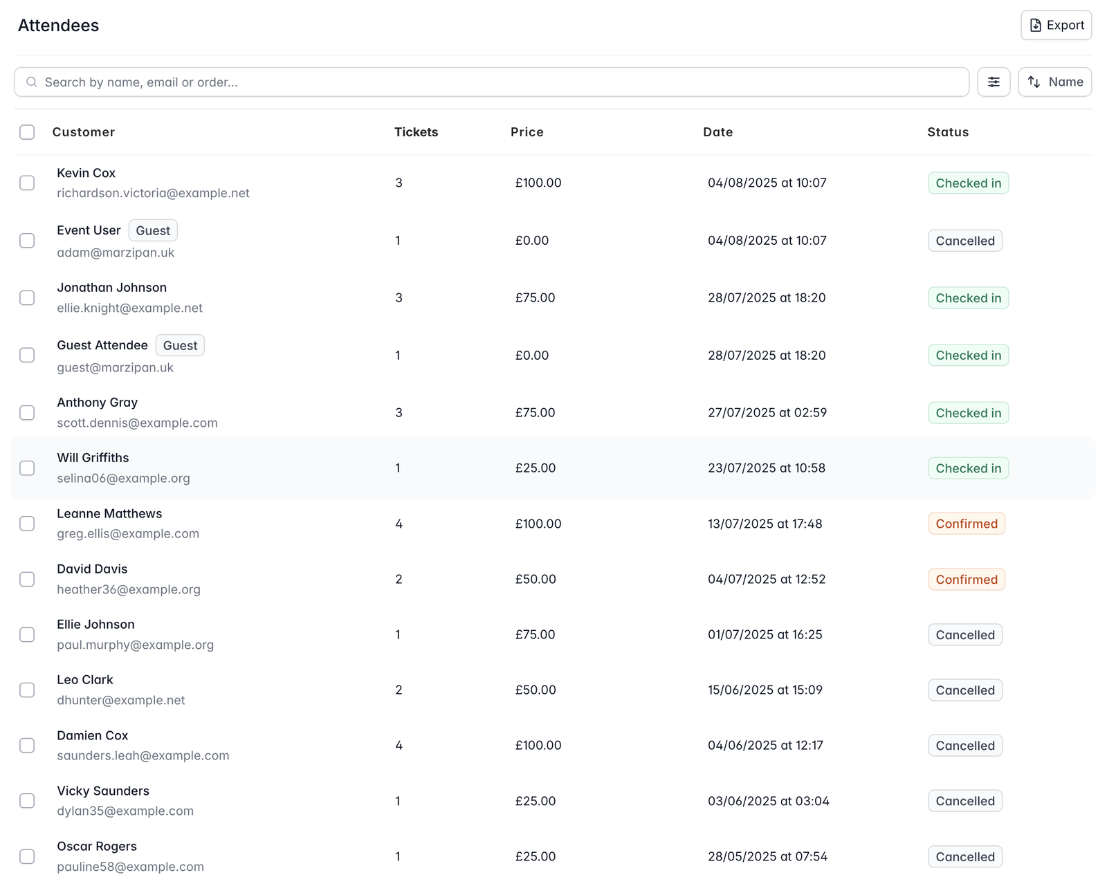 Screenshot of an event guest list