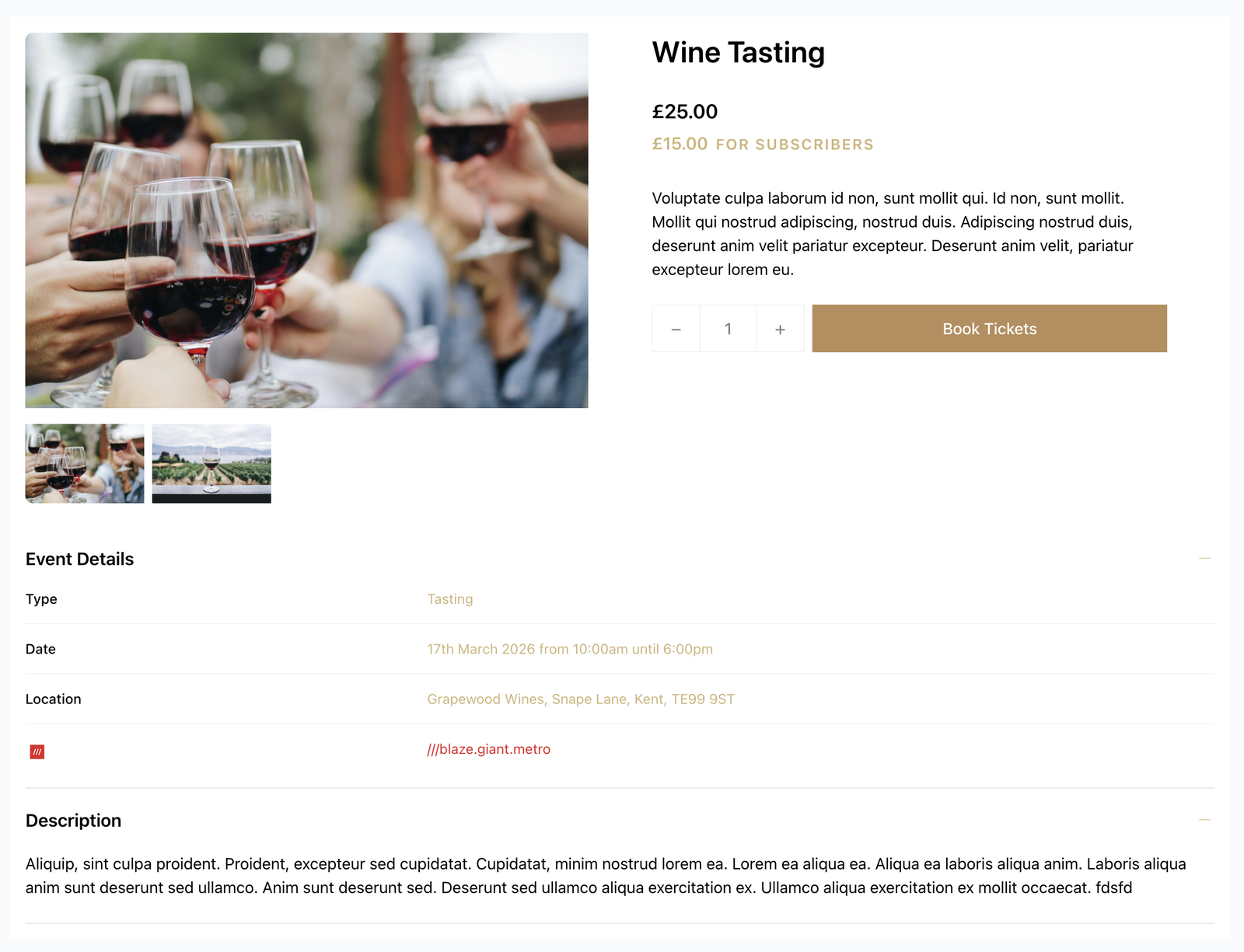 Screenshot of an event booking page on a winery website