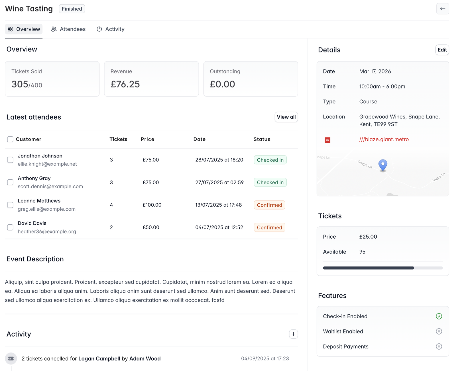 Screenshot of an event in Marzipan with date, capacity and ticket types