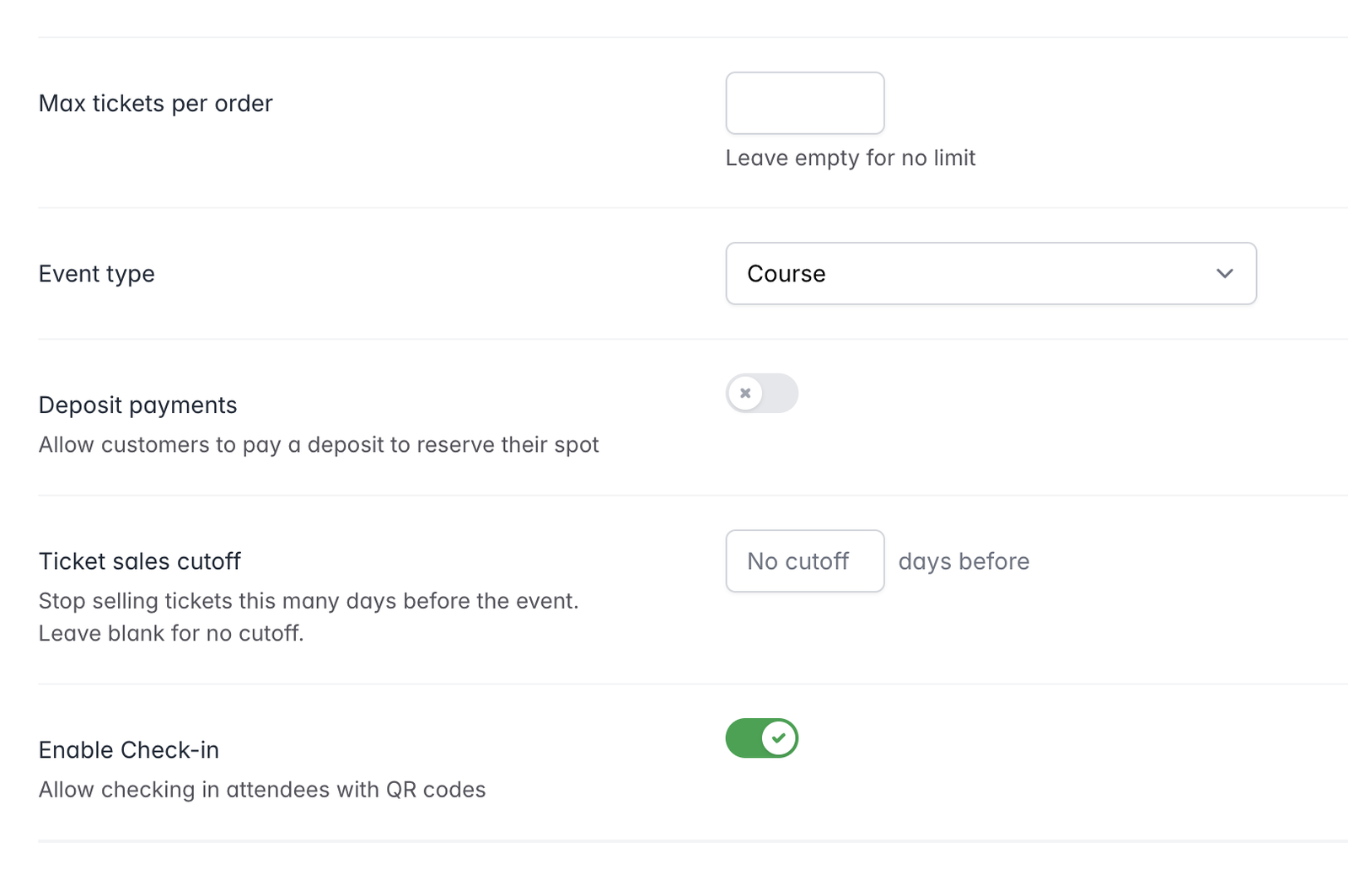 Screenshot of ticket types and pricing for an event