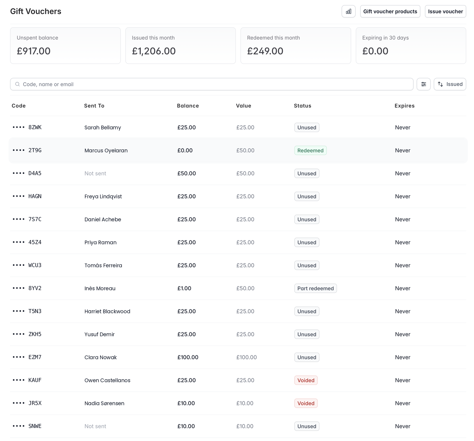 Screenshot of the gift vouchers list, showing every code issued with its unspent balance