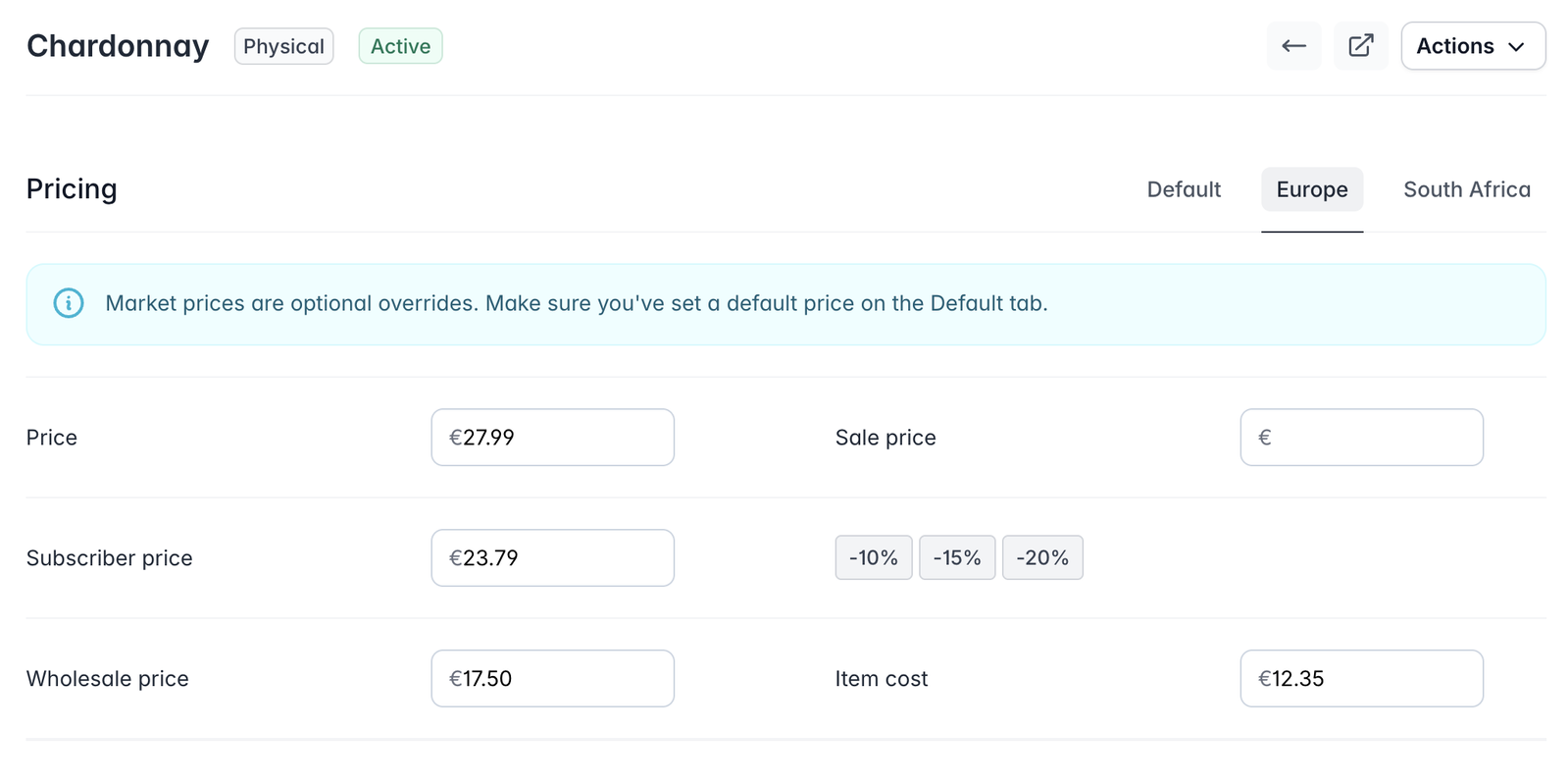 Screenshot der produktspezifischen Preisgestaltung pro Markt in Marzipan