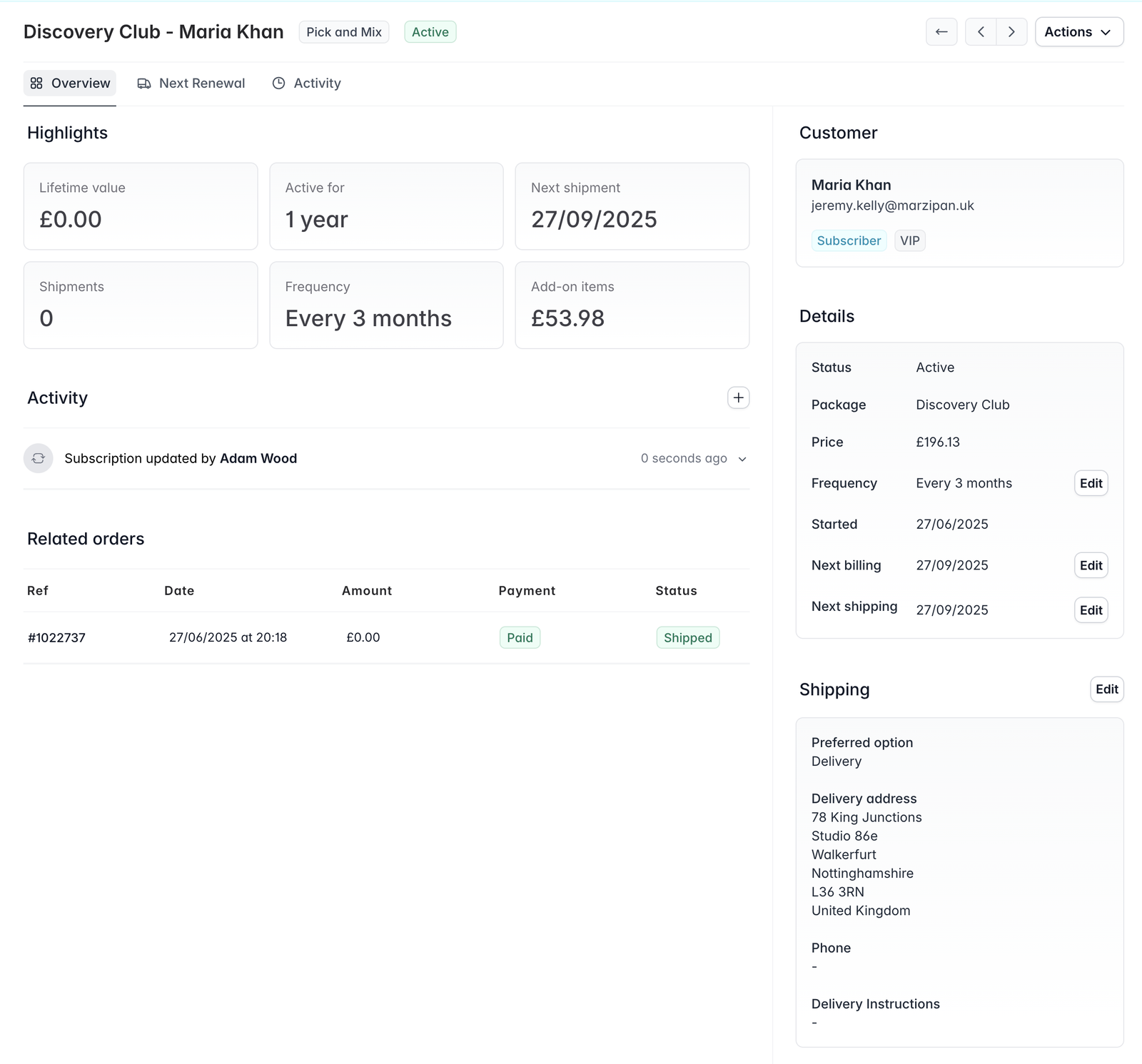 Screenshot of a member's subscription in Marzipan