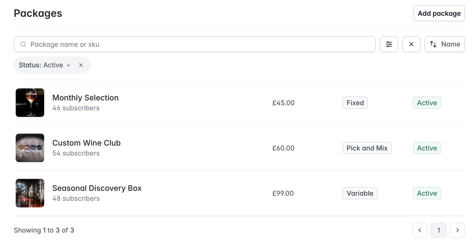 Screenshot of subscription packages