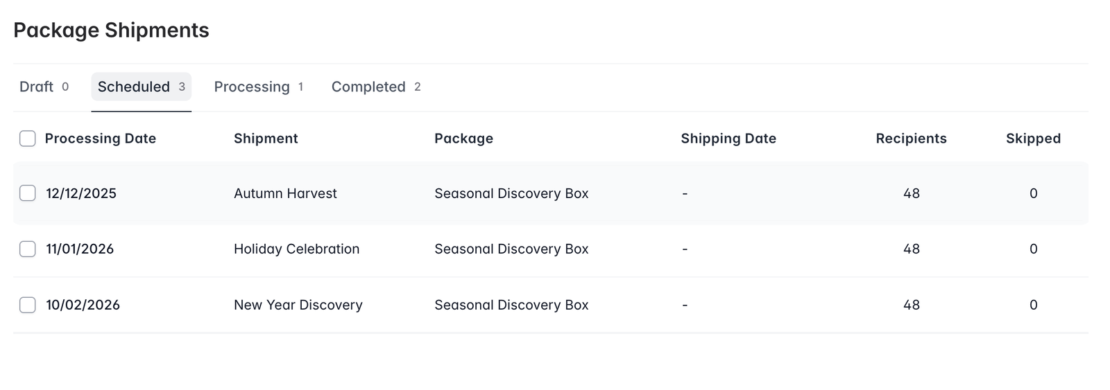 Screenshot of upcoming wine club shipments