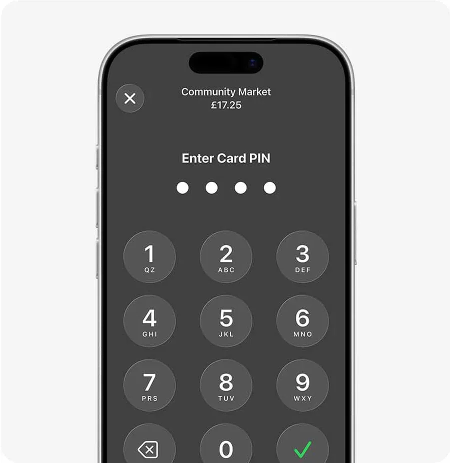 The iPhone PIN entry screen shown during a Tap to Pay transaction