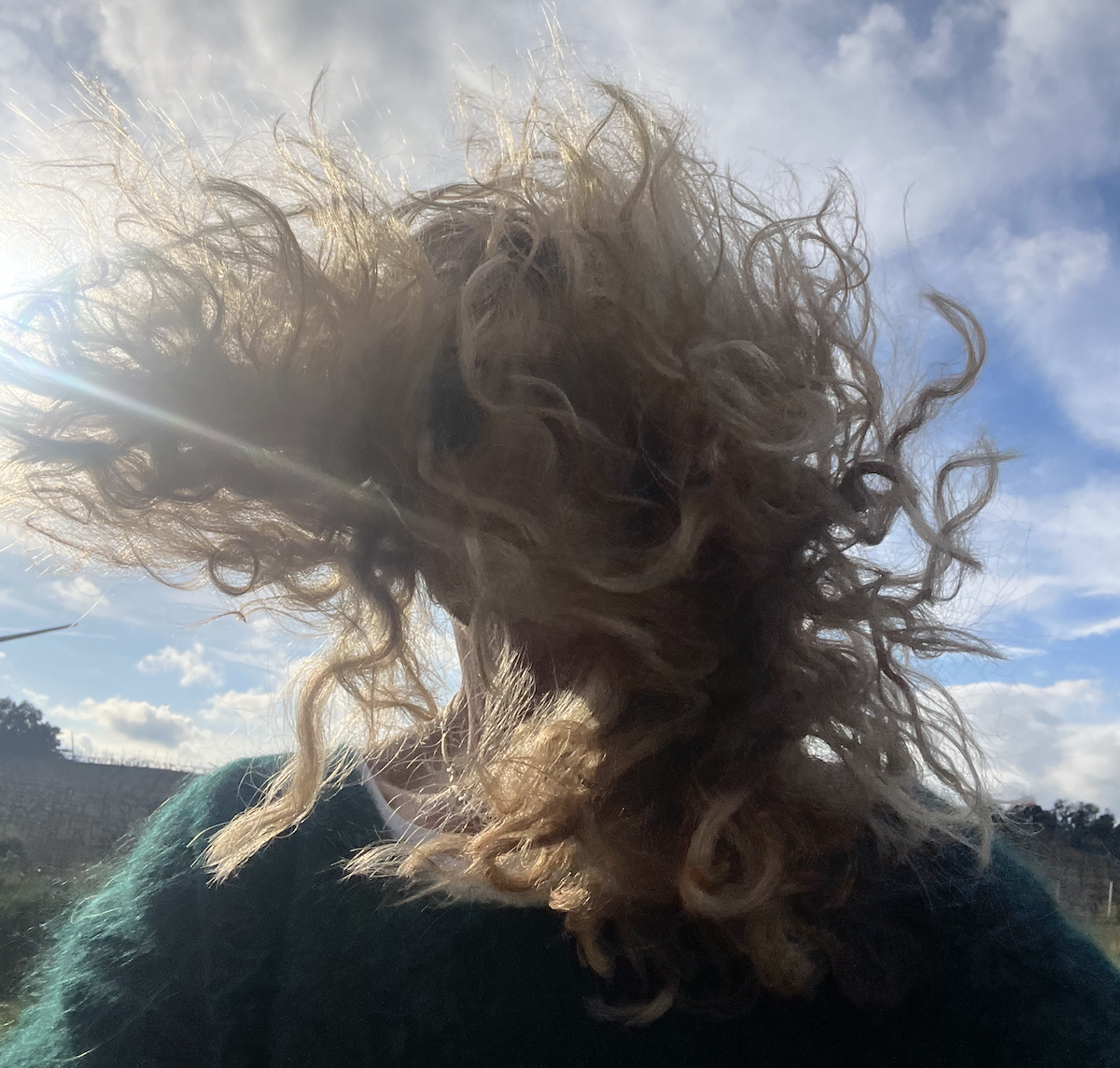 Amanda's hair looks crazy in the wind